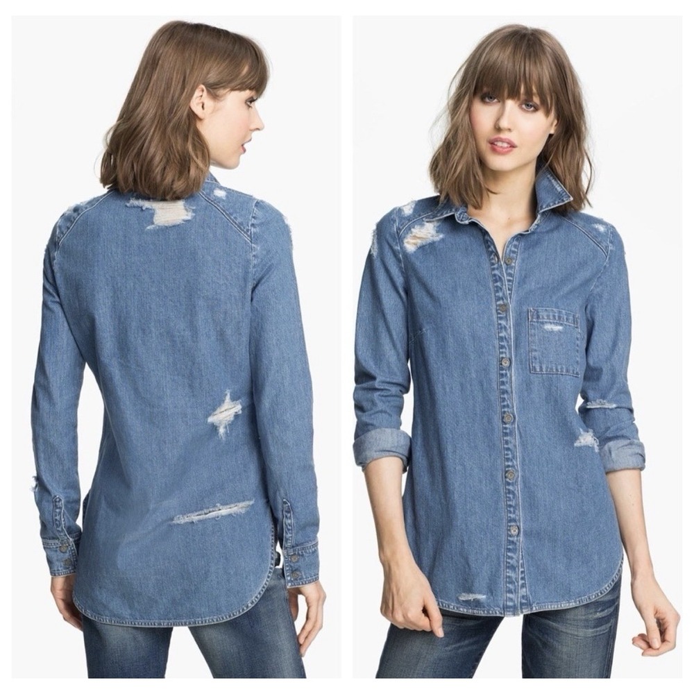 Paige Denim Eden Shirt Destroyed Distressed Long Sleeve SZ XS ASO Kim Kardashian